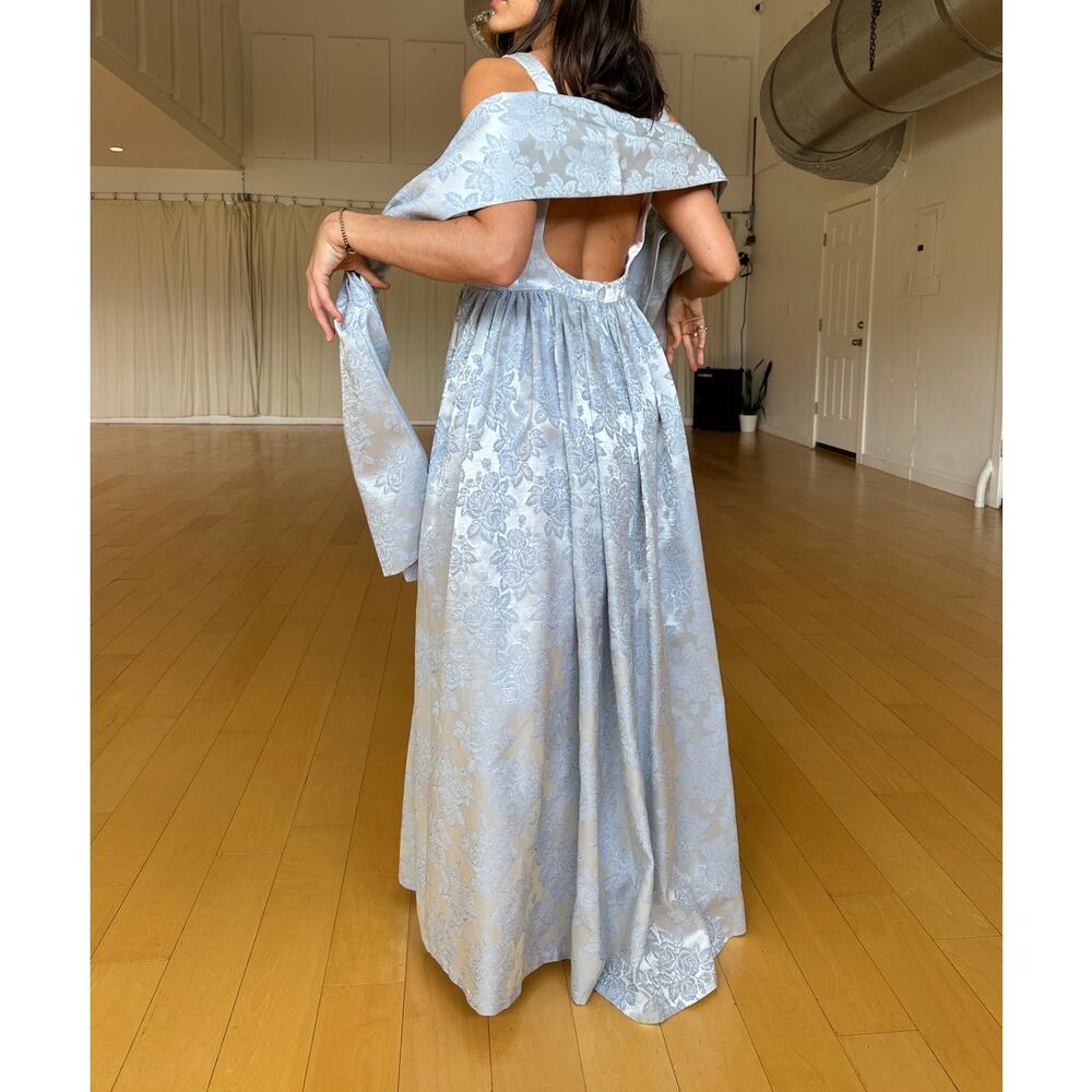 Jessica McClintock 14 Gown Blue Rose Bouquet Motif Satin Jacquard Prom Dress